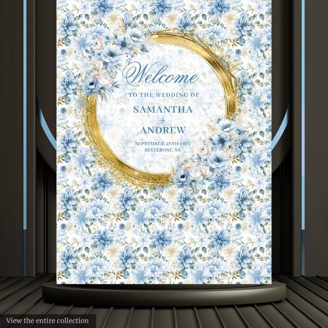 Luxuriöse Aquarellfarben, blaues Gold Hochzeitsban Wandteppich (Luxury Watercolor Dusty Blue Gold Wedding Tapestry)