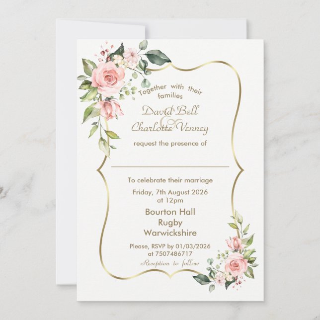 Luxuriöse Aquarellfarben Rosa Blume Hochzeit Gold Einladung (Vorderseite)