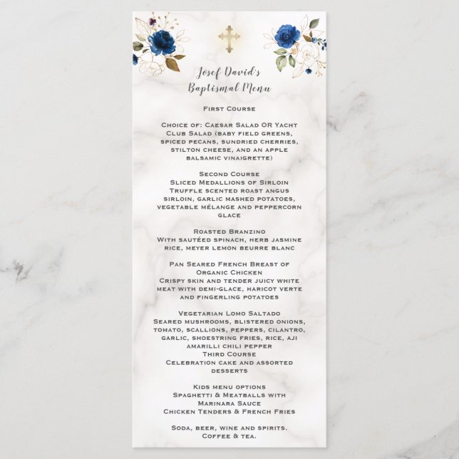 Luxuriöse Aquarelltaufe Navy Blue Gold Floral Tauf Menükarte (Vorderseite)