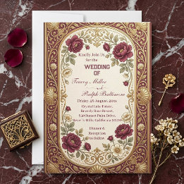 Luxuriöse Art Nouveau Gold-Bordeaux-Rosen Hochzeit Einladung