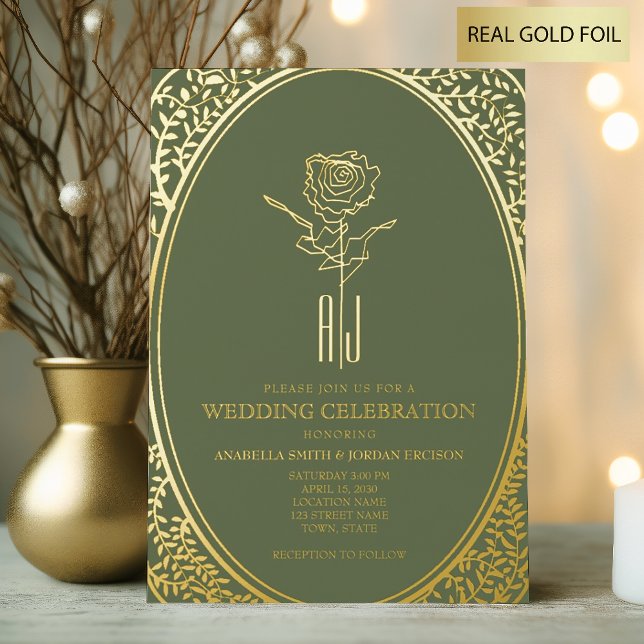 Luxuriöse Barock Green und Gold Hochzeit Folieneinladung (Von Creator hochgeladen)