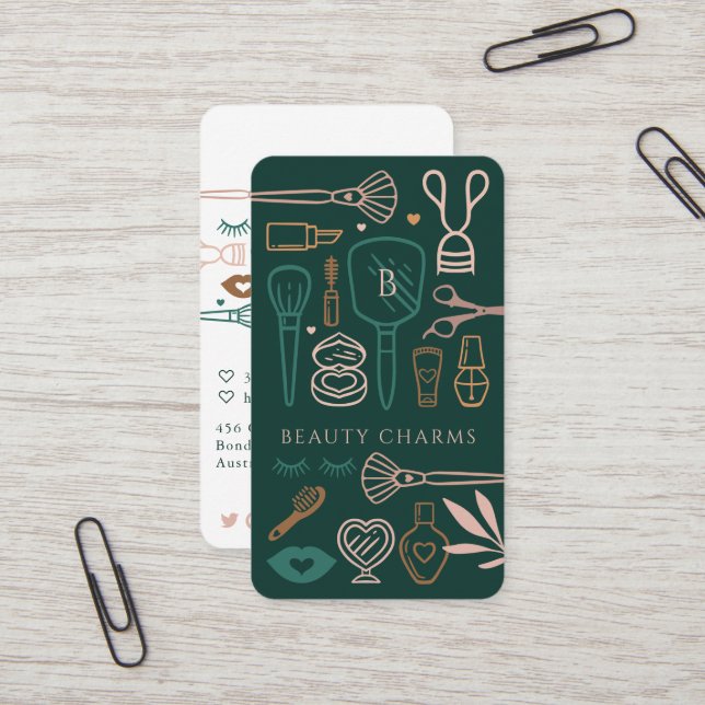 Luxuriöse Beauty Charms Makeup Tools Emerald Green Visitenkarte (Vorderseite/Rückseite Beispiel)