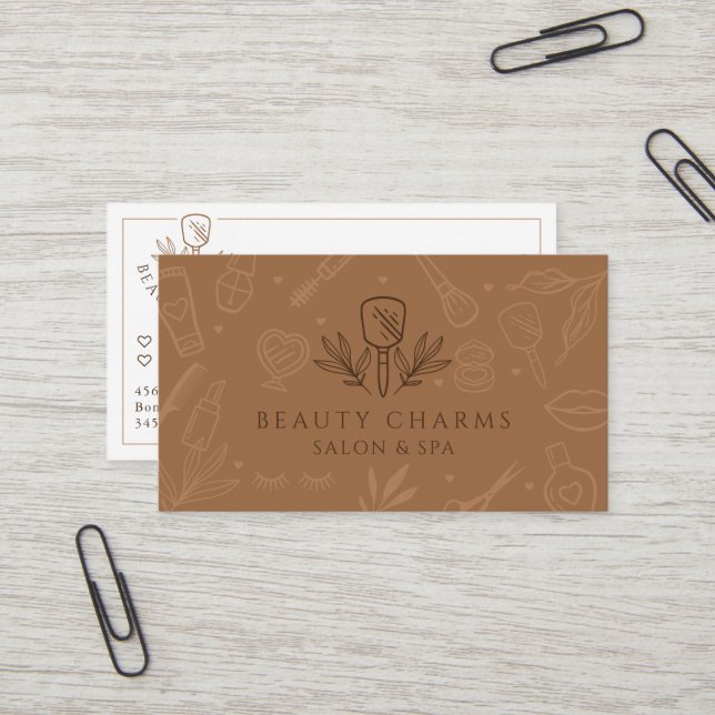 Luxuriöse Beauty Charms Tan & Brown Makeup Logo Visitenkarte (Vorderseite/Rückseite Beispiel)
