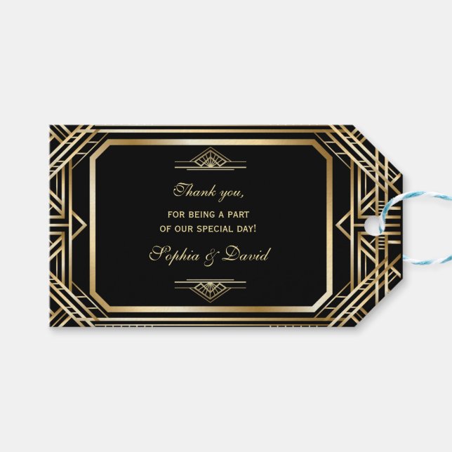 Luxuriöse Black and Gold Great Gatsby Hochzeit Geschenkanhänger (Vorderseite (Horizontal))