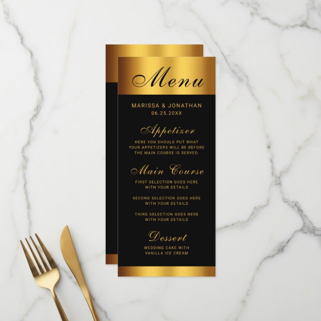 Luxuriöse Black Gold Calligraphy Border Wedding Menükarte (Vorderseite/Rückseite Beispiel)