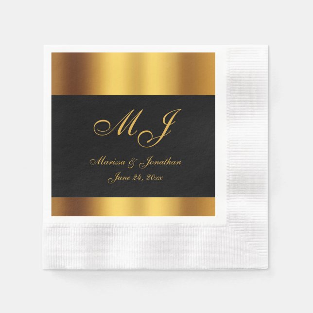 Luxuriöse Black Gold Calligraphy Border Wedding Serviette (Vorderseite)