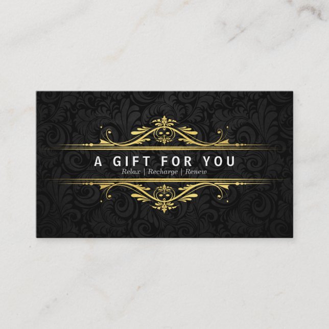 Luxuriöse Black & Gold Damask Salon Geschenkgutsch Rabattkarte (Vorderseite)