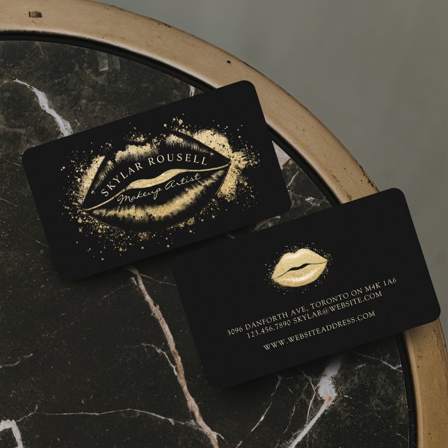Luxuriöse Black & Gold Glitzer Lips Makeup Artist Visitenkarte (Luxury Black & Gold Glitter Lips Makeup Artist Business Card)