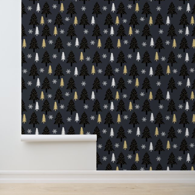 Luxuriöse Black Gold Moderne Weihnachtsbaummuster Tapete (Anwendung)