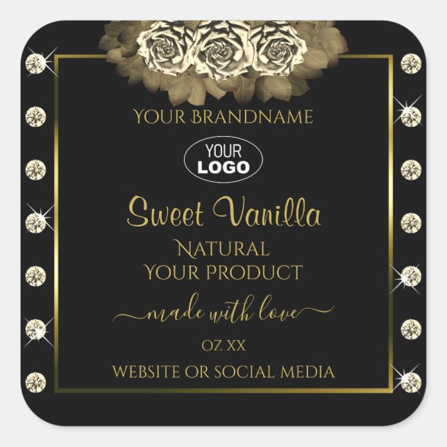 Luxuriöse Black Gold Product Labels Rose Jewels Lo Quadratischer Aufkleber (Vorderseite)