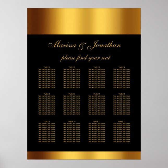 Luxuriöse Black Gold Script Border Wedding Seating Poster (Vorne)