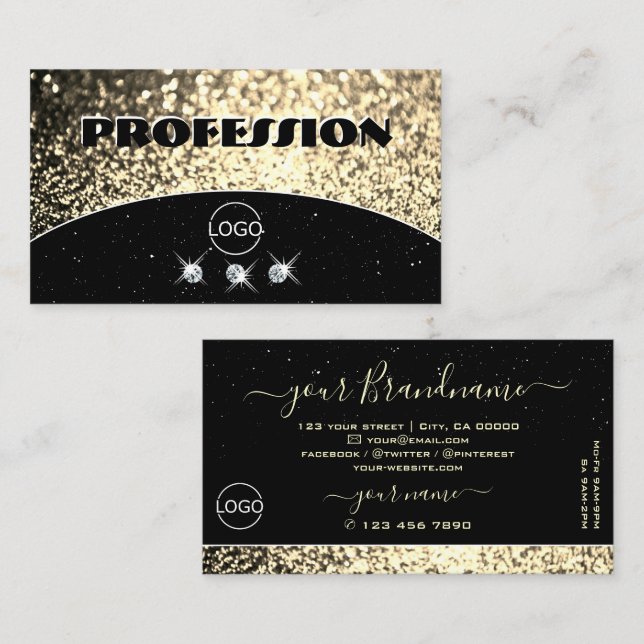 Luxuriöse Black Gold Sparkling Glitzer Diamonds Lo Visitenkarte (Vorne/Hinten)