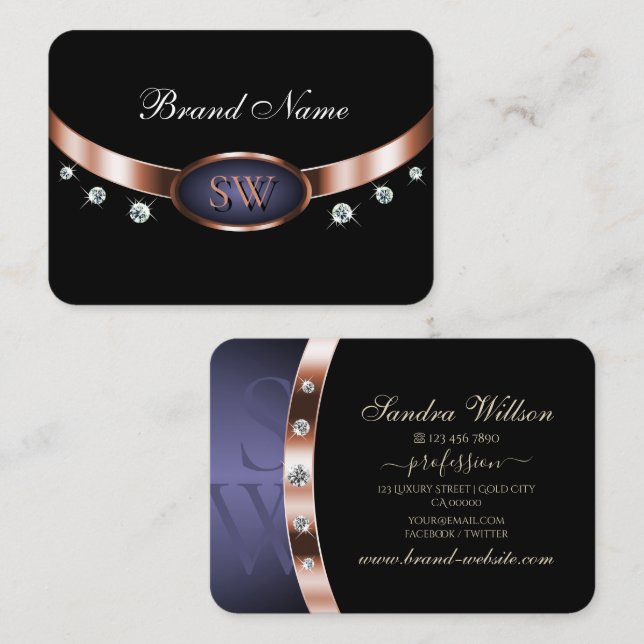 Luxuriöse Black Rose Gold Blue Monogram Jewels Visitenkarte (Vorne/Hinten)