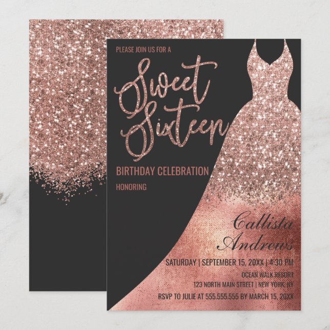 Luxuriöse Black Rose Gold Glitzer Kleid Sweet 16 Einladung (Vorne/Hinten)