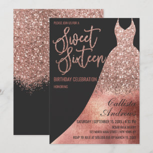 Luxuriöse Black Rose Gold Glitzer Kleid Sweet 16 Einladung