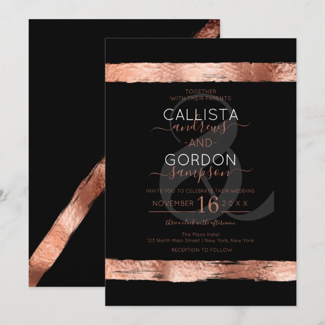 Luxuriöse Black Rose Gold Pinselstrich Border Wedd Einladung (Vorne/Hinten)