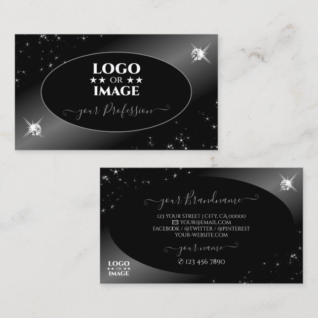 Luxuriöse Black Silver Glitzer Stars Juwelen mit L Visitenkarte (Vorne/Hinten)