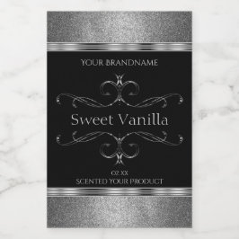 Luxuriöse Black Silver Glitzer Verzierte Produktke Lebensmitteletikett