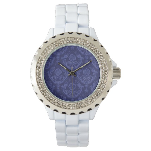 Luxuriöse blaue Damast Tapete Armbanduhr (Vorderseite)