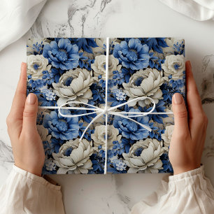 Luxuriöse blaue Elfenbein-Blumen-Edel-Geschenkverp Geschenkpapier