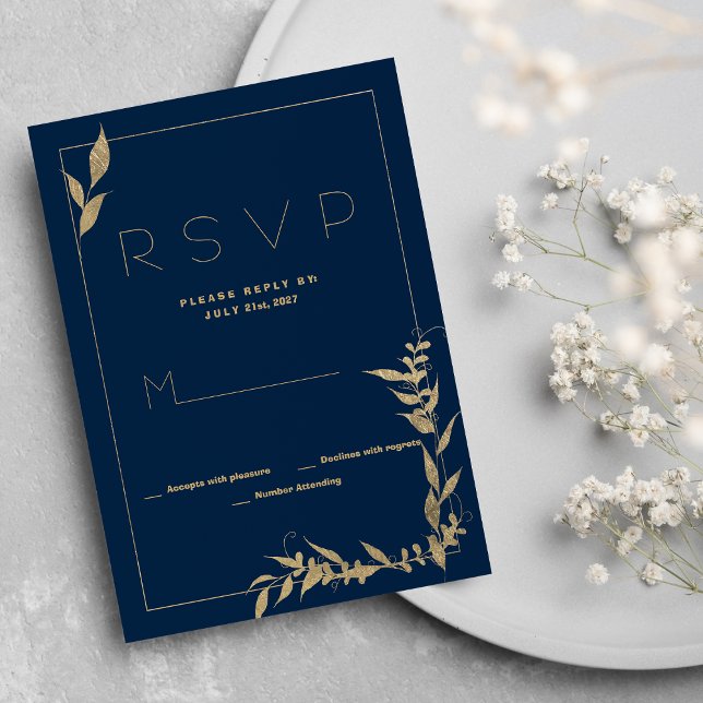 Luxuriöse blaue goldgelbe Blattwerk UAWG Einladung (Luxury navy blue gold foliage RSVP)
