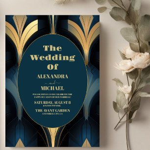 Luxuriöse Blue and Gold Art Deco Hochzeit Einladung
