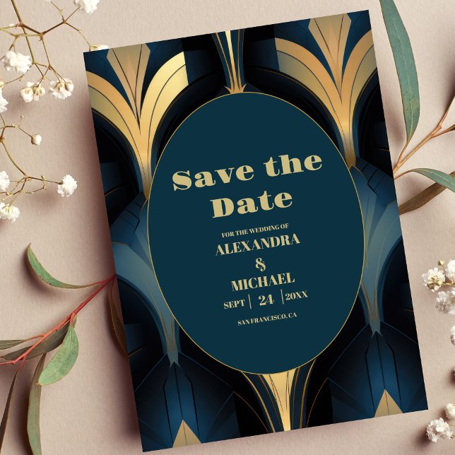 Luxuriöse Blue and Gold Art Deco Hochzeit Save The Date (Von Creator hochgeladen)