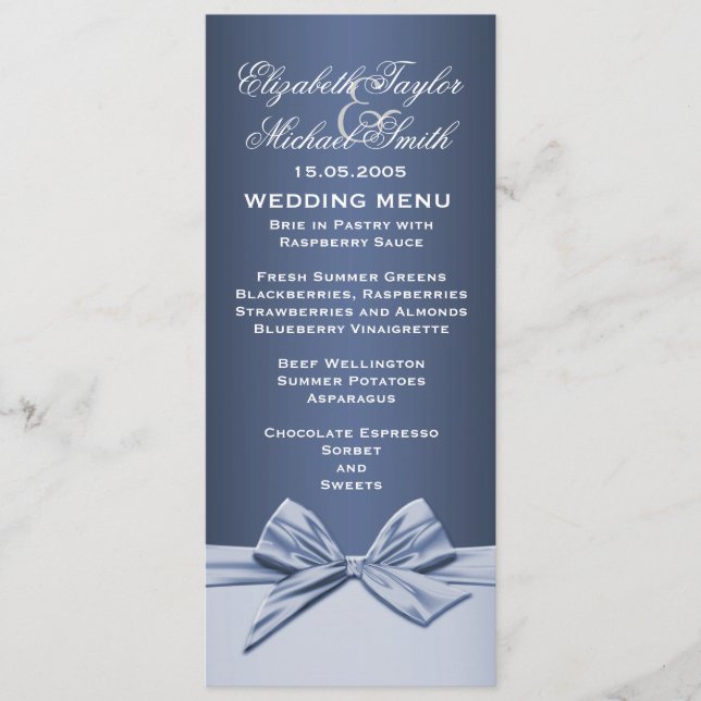 Luxuriöse Blue Elegante Ribbon Wedding Menu Menükarte (Vorderseite)