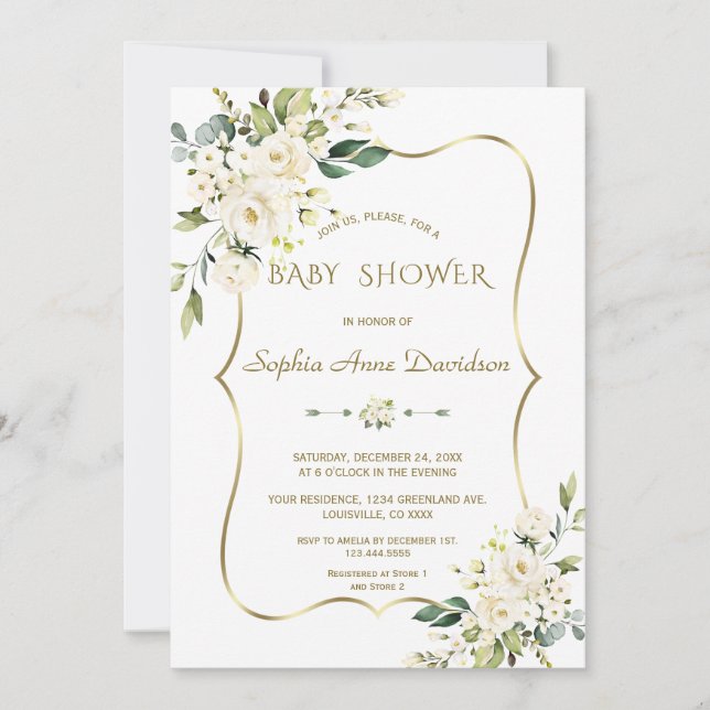 Luxuriöse Blume aus Weißcreme Gold Baby Dusche Einladung (Vorderseite)