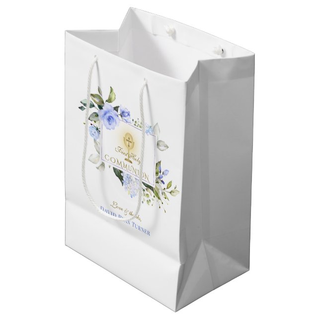 Luxuriöse Blumen Gold Erste Heilige Kommune Mittlere Geschenktüte (Vorderseite Schrägansicht)