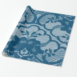 Luxuriöse Blumenspitze Aquamarin Blue Navy Aquatic Geschenkpapier