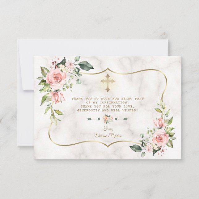 Luxuriöse Blush Floral Gold Marmor Girl Confirmati Dankeskarte (Vorderseite)