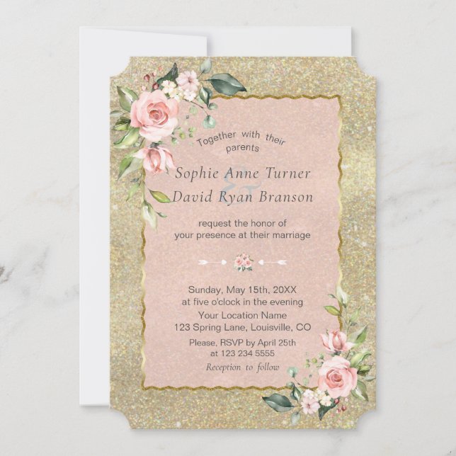 Luxuriöse Blush Pink Blume Gold Glitzer Hochzeit Einladung (Vorderseite)