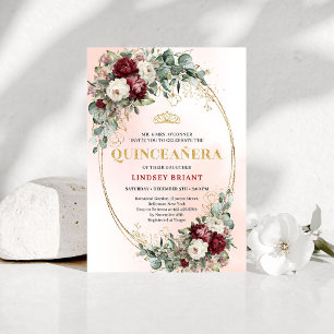 Luxuriöse Bohemian-Burgunder-Pfingstrosen-Quinceañ Einladung