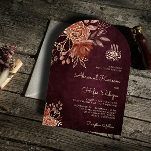 Luxuriöse Burgund-Floral-Islamische Arch-Hochzeit Einladung