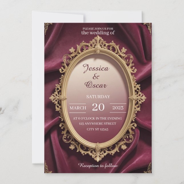 Luxuriöse Burgund & Gold Barock Design Hochzeit Einladung (Vorderseite)