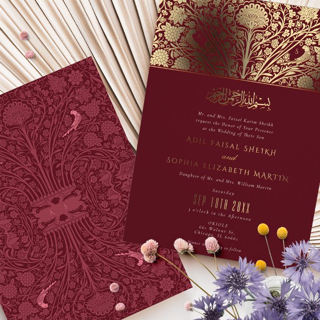 Luxuriöse Burgund und Gold Islamische Hochzeit Folieneinladung (Von Creator hochgeladen)