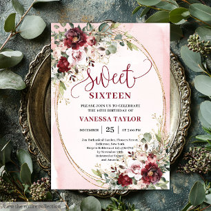 Luxuriöse Burgunder-Rosa-Blumen-Sweet-Sixteen-Kart Einladung