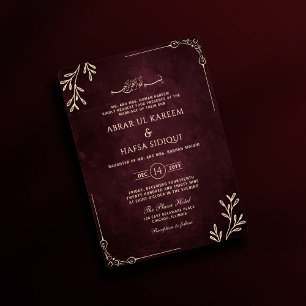 Luxuriöse Burgundy Floral Gold Islamische Hochzeit Einladung