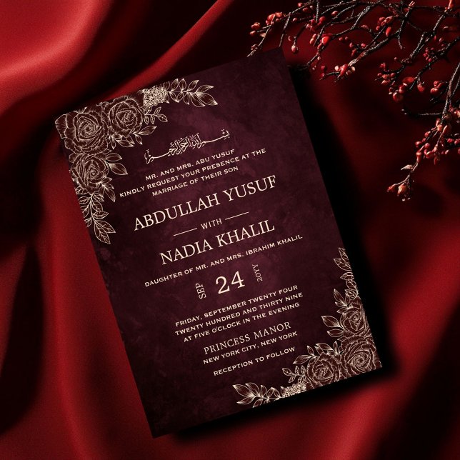 Luxuriöse Burgundy Floral Gold Islamische Hochzeit Einladung (Von Creator hochgeladen)