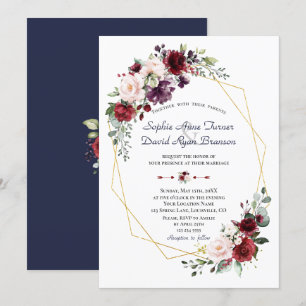 Luxuriöse Burgundy Plum Blush Blume GoldWedding Einladung