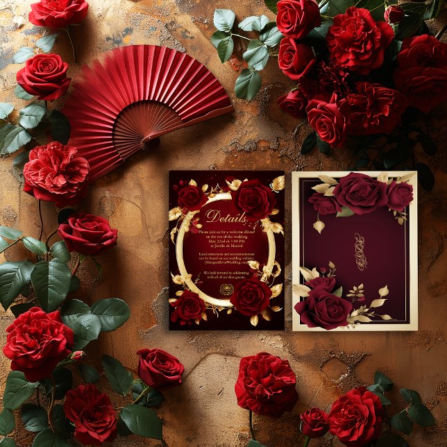 Luxuriöse Burgundy Rote Rose Flamenco Wedding Begleitkarte (Stunning Flamenco Burgundy Rose and Gold Details Enclosure Card )