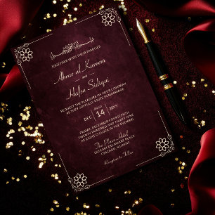 Luxuriöse Burgundy Vintag Gold Islamic Wedding Einladung