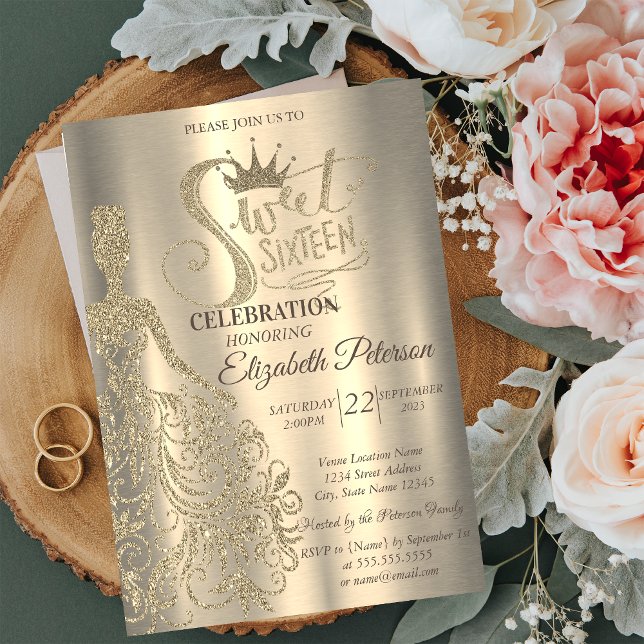 Luxuriöse Chic Gold Glitzer Kleid, Tiara Sweet 16 Einladung (Von Creator hochgeladen)