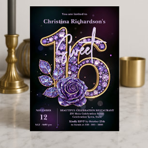 Luxuriöse Chic Lila Amethyst Gemstone Rose Sweet 1 Einladung