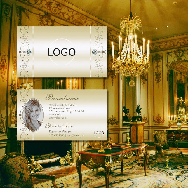 Luxuriöse Cream Gold gequiggelte Juwelen Logo & Fo Visitenkarte (Von Creator hochgeladen)