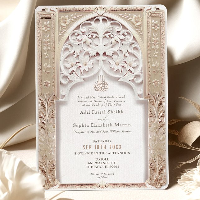 Luxuriöse Cream & Gold Islamische Hochzeit Arabesq Einladung (Von Creator hochgeladen)