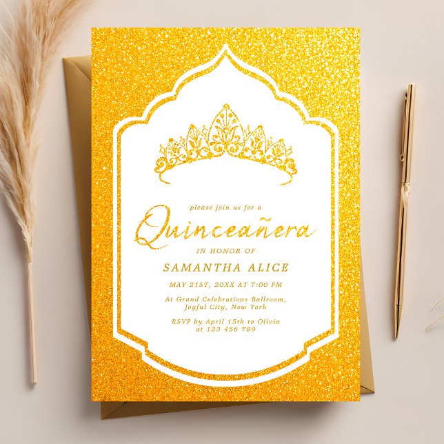 Luxuriöse Crown White und Gold Quinceanera Einladung (Von Creator hochgeladen)