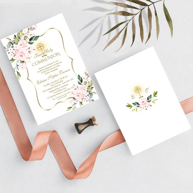 Luxuriöse Delikatblüte Floral Gold Heilige Kommune Einladung (Von Creator hochgeladen)