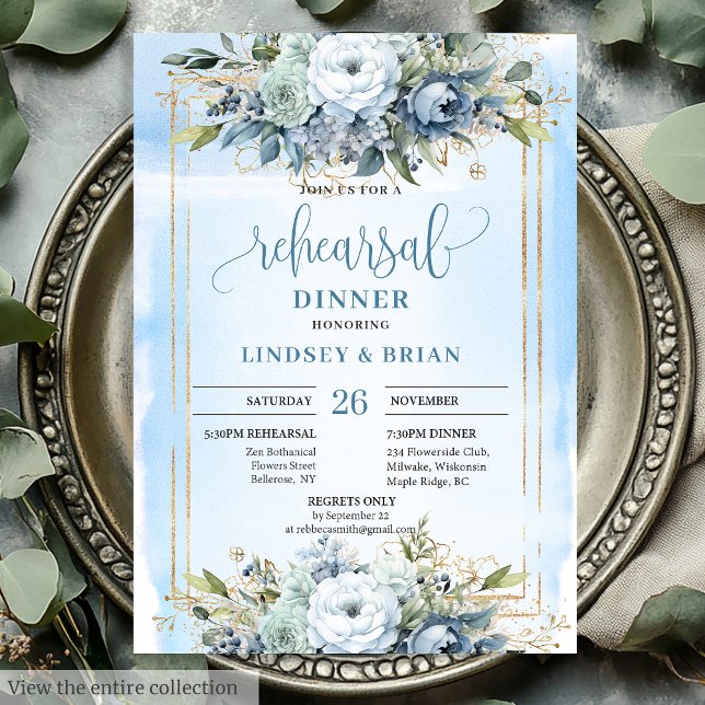 Luxuriöse Dusty Blue Frame Probe Einladung (Luxury Dusty Blue Gold Frame Rehearsal Invitation)